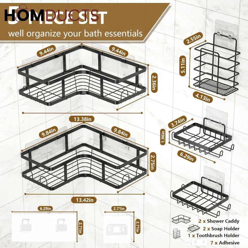 5-Piece Wall-Mounted Black Metal Bathroom Shelf Set – Rustproof Storage Organizer for Toiletries & Essentials