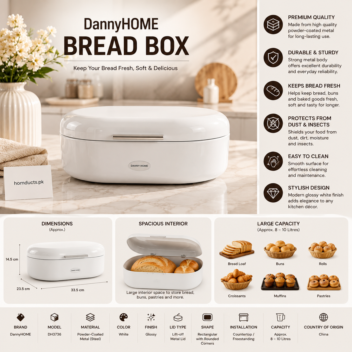 Danny Home Premium Metal Bread Box with Lid | Modern Kitchen Bread Storage Container-White