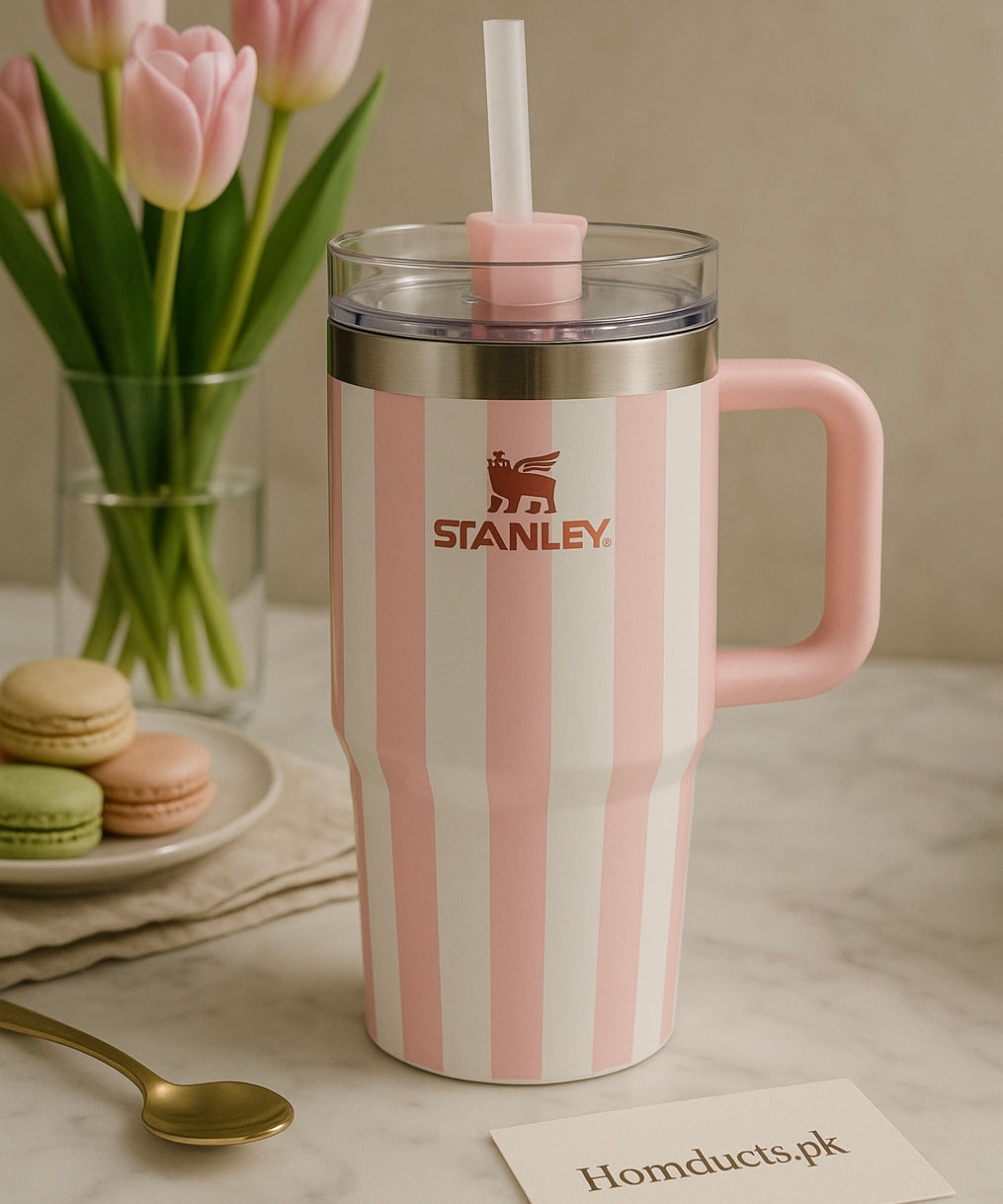 Stanley 20oz Pink & White Striped Tumbler with Handle and Straw – Premium Insulated Cup