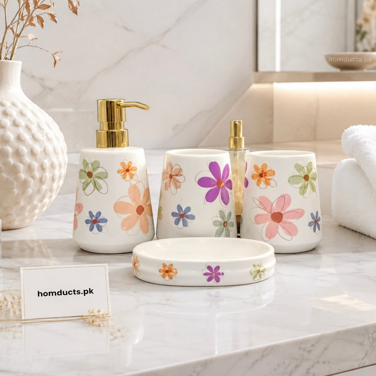 Brilliant Floral Ceramic Bathroom Accessories Set – 4 Piece Luxury Bathroom Countertop Organizer