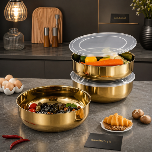 Premium Gold Stainless Steel Food Storage Bowl with Transparent Airtight Lid – Multipurpose Kitchen Serving Container