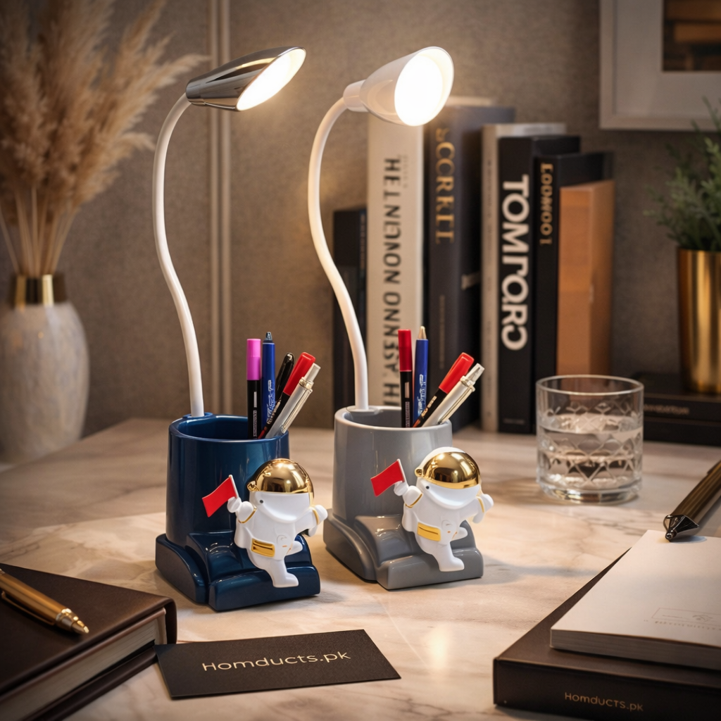 Astronaut LED Desk Lamp Pen Holder – Rechargeable Study Table Organizer (1 Pc)