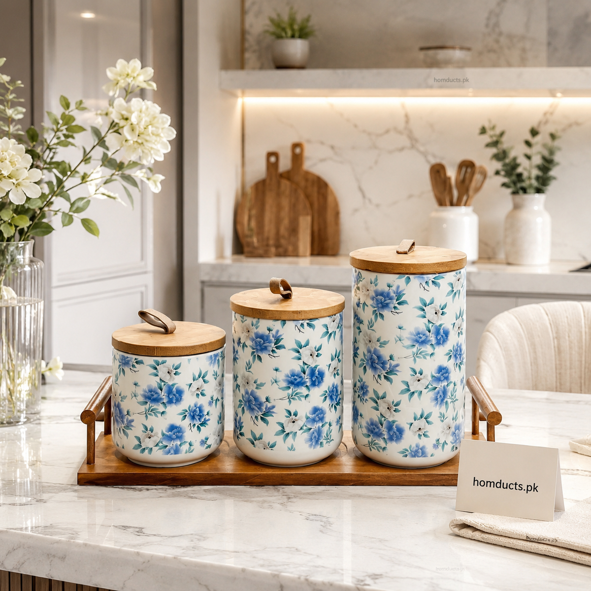 Premium 3-Piece Floral Ceramic Airtight Kitchen Storage Jar Set with Bamboo Lids & Wooden Tray