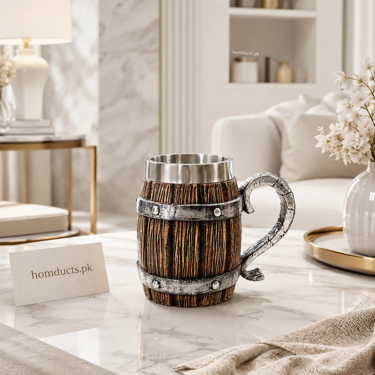 500ml Viking Wooden Barrel Mug with Stainless Steel Lining | Rustic Coffee & Beverage Mug