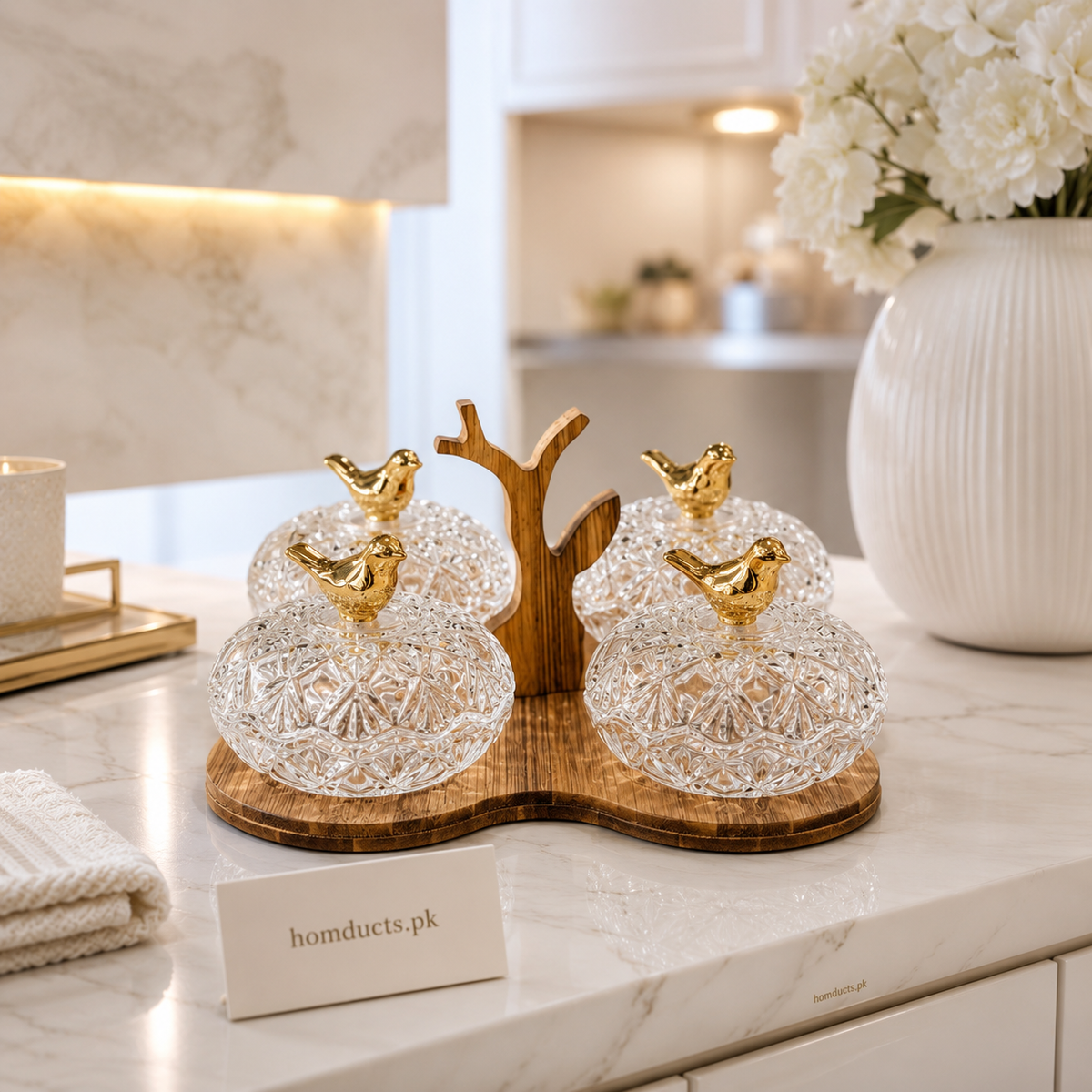 4-Piece Crystal Dry Fruit Jar Set with Wooden Stand & Golden Bird Lids | Premium Candy & Snack Storage Organizer