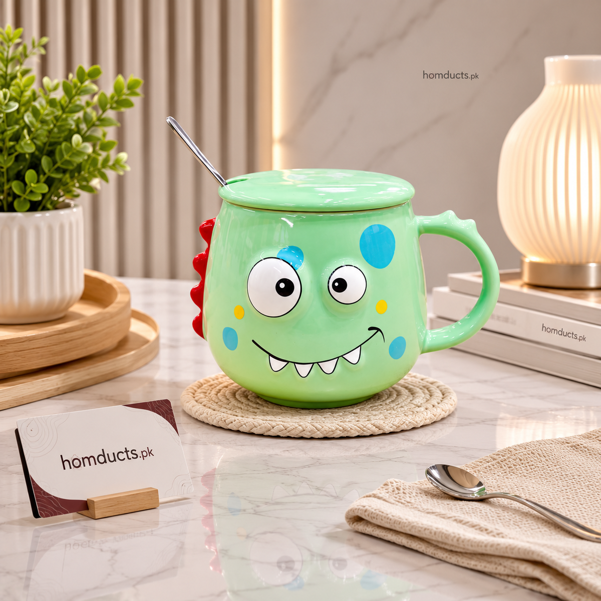 Cute Monster Ceramic Mug with Lid & Spoon – Cartoon Coffee & Tea Cup