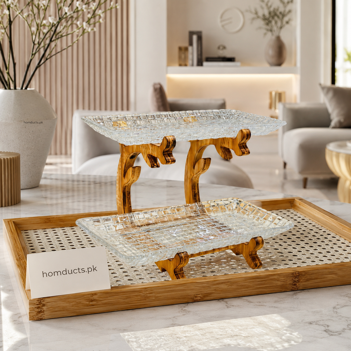 Luxury 2-Tier Walnut Wood Serving Platter with Textured Glass Trays | Premium Dessert & Snack Stand