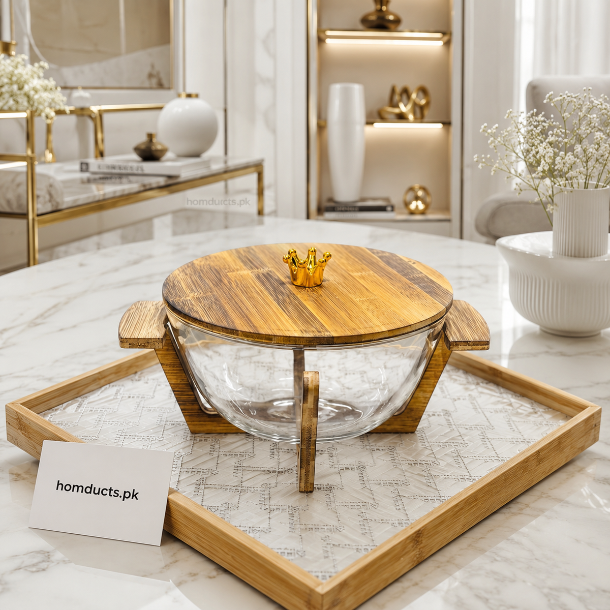 Premium Glass Serving Bowl with Wooden Lid & Stand – 3 Sizes | 1 Pc