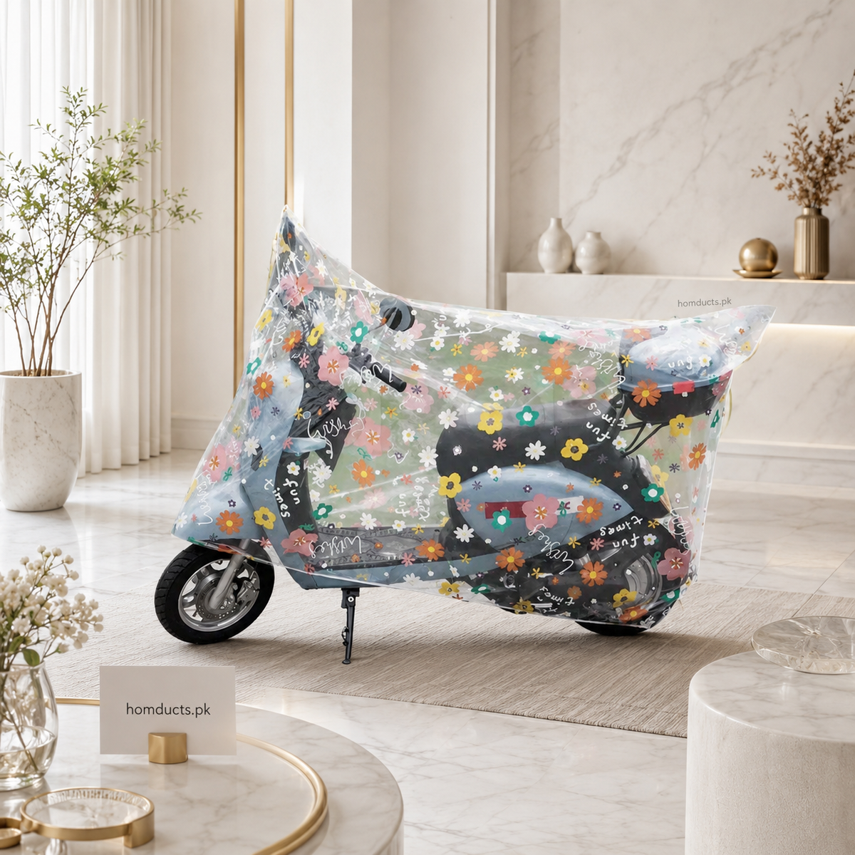 Waterproof Transparent Floral Bike Cover for 70cc, 125cc, 150cc & Electric Scooters – Dust, Rain & UV Protection