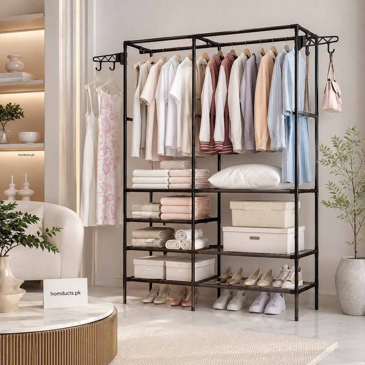 Heavy Duty Multifunctional Garment Rack with Storage Shelves & Side Hooks | Clothes Organizer Stand