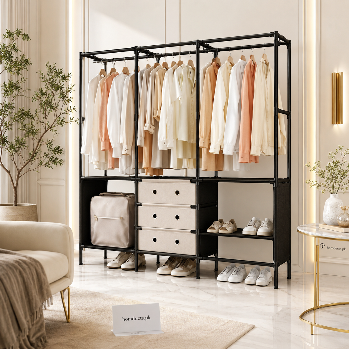 Triple Row Heavy-Duty Clothes Rack with Storage Shelves & Shoe Organizer – Multi-Functional Wardrobe Stand