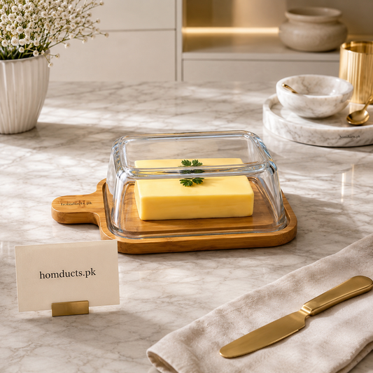 Luxury Rectangular Glass Butter Dish with Bamboo Tray & Lid | Premium Butter Keeper