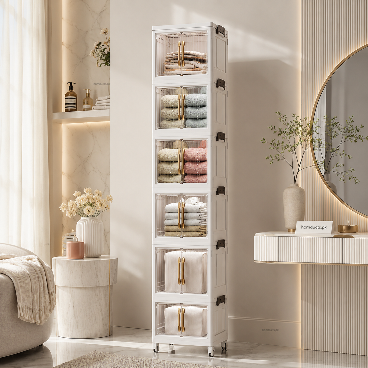 Luxury Folding Storage Cabinet 40cm Wide – 4 Tier Modular Organizer with Transparent Doors & Gold Handles