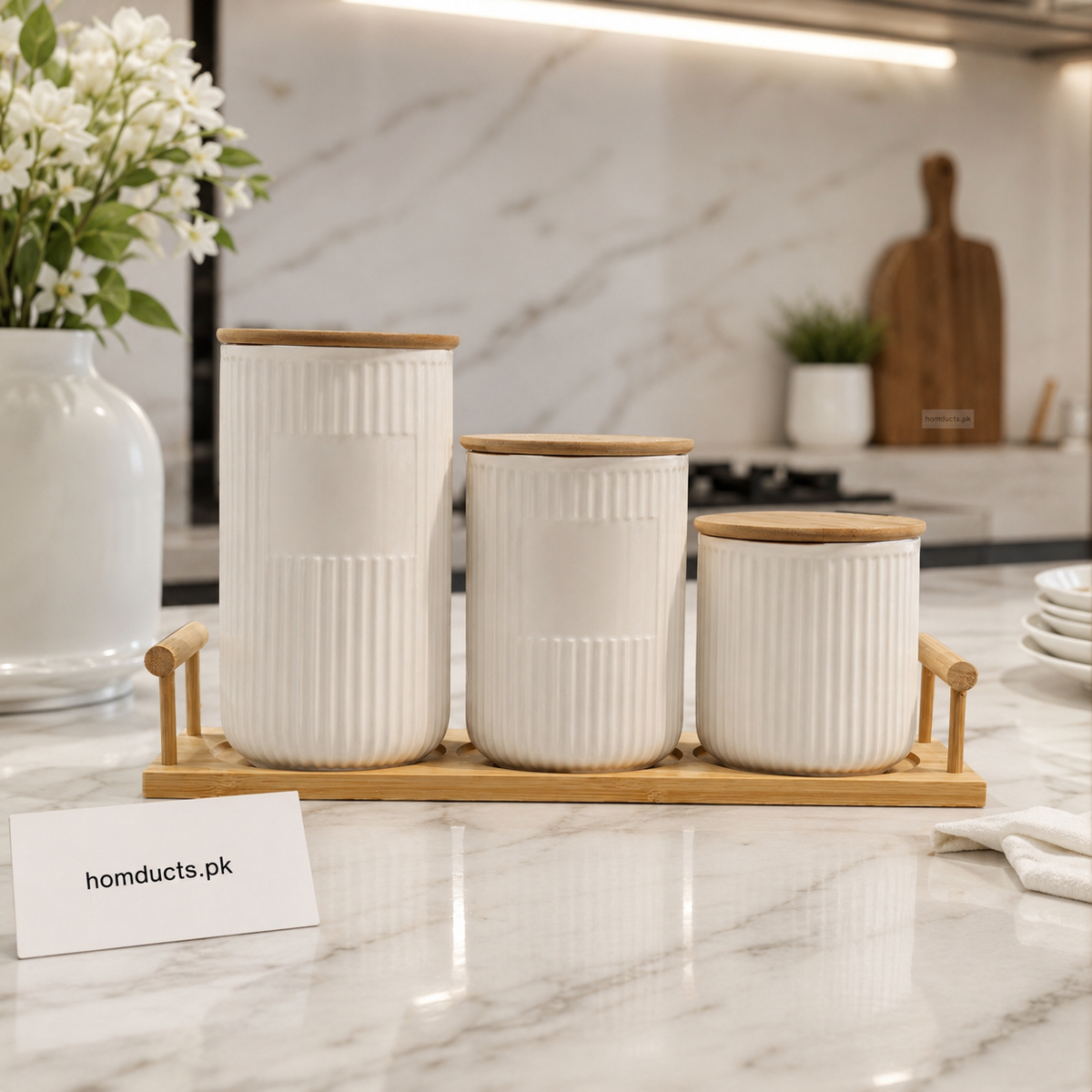 Premium 3-Piece Ceramic Kitchen Storage Jar Set with Bamboo Airtight Lids & Wooden Tray – Tea, Coffee & Sugar Canister Set