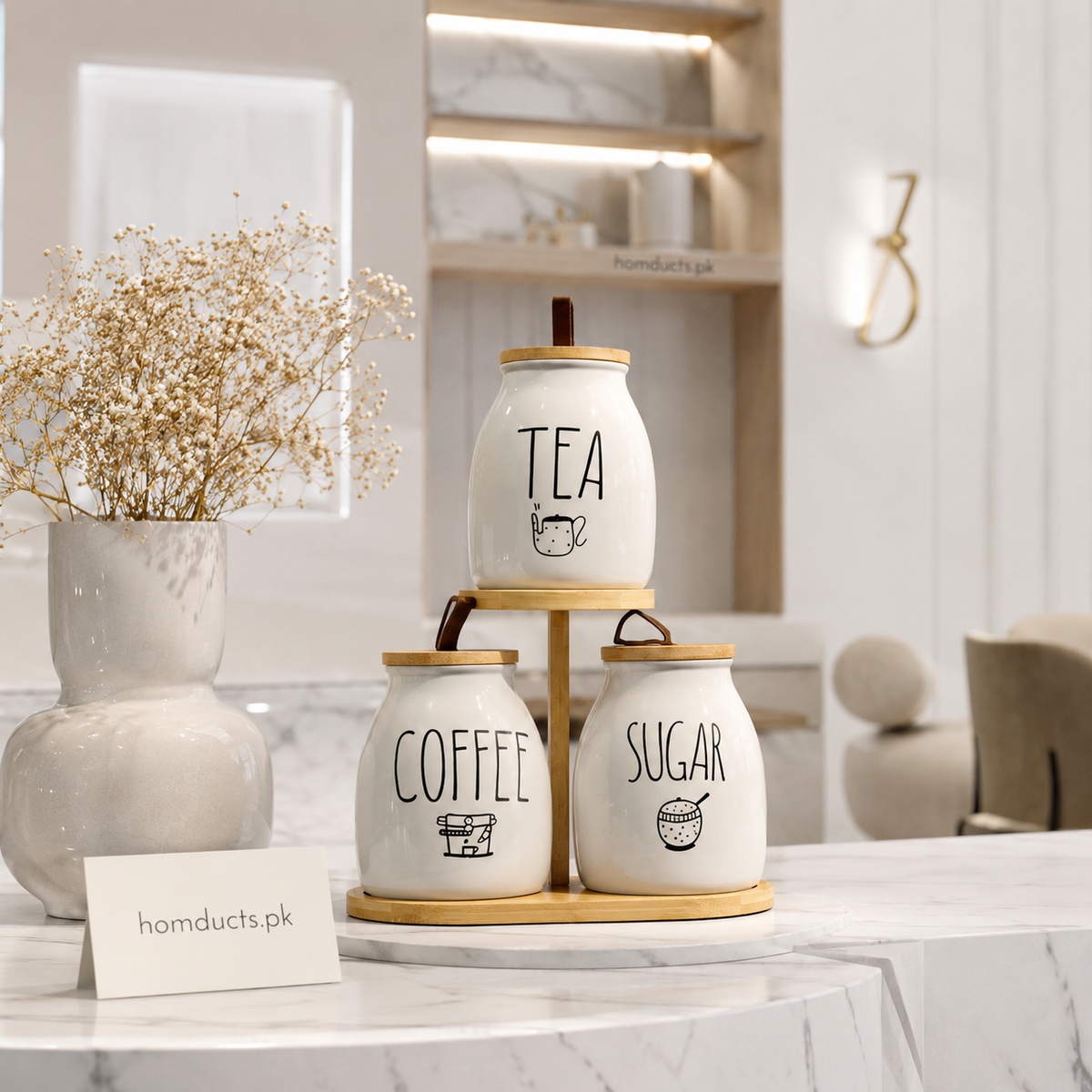 Luxury 3-Piece Ceramic Kitchen Storage Jar Set with Wooden Stand & Airtight Wooden Lids