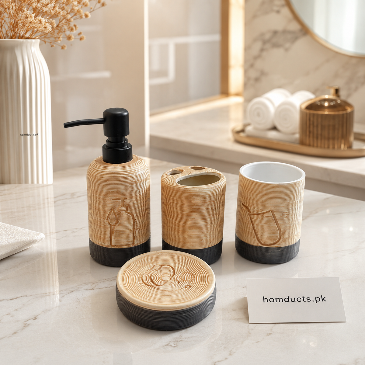 Luxury 4-Piece Ceramic Bathroom Accessories Set with Soap Dispenser, Toothbrush Holder, Tumbler & Soap Dish – Modern Bathroom Organizer (Beige & Black)
