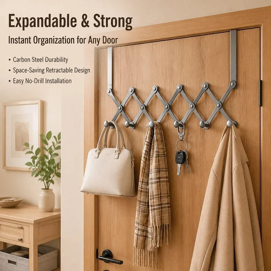 Premium Expandable Over-the-Door Iron Hook Rack | Foldable Heavy-Duty Door Hanger with 6 Hooks