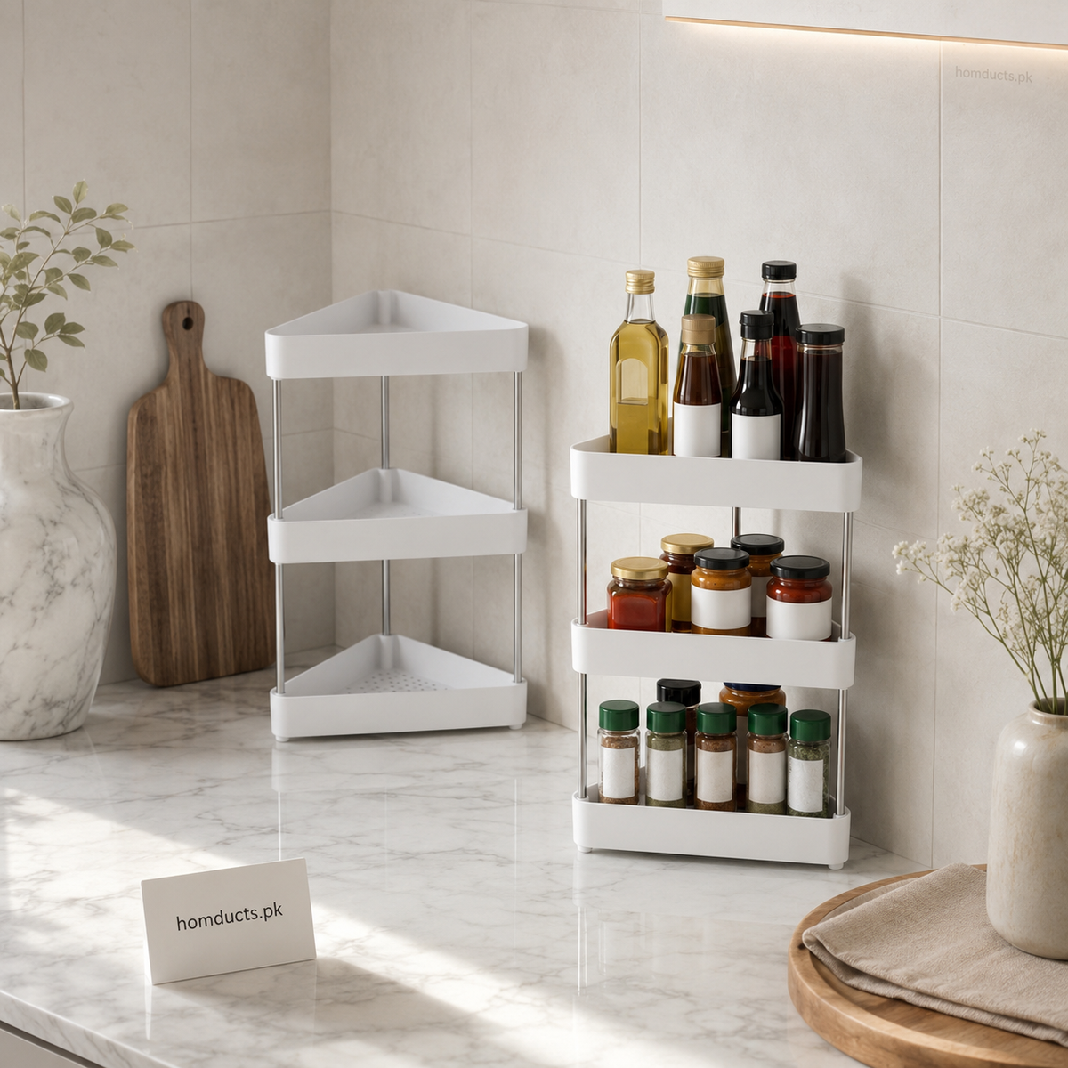3-Tier Kitchen Corner Storage Rack | Space Saving Countertop Organizer Shelf for Spices, Bottles & Jars