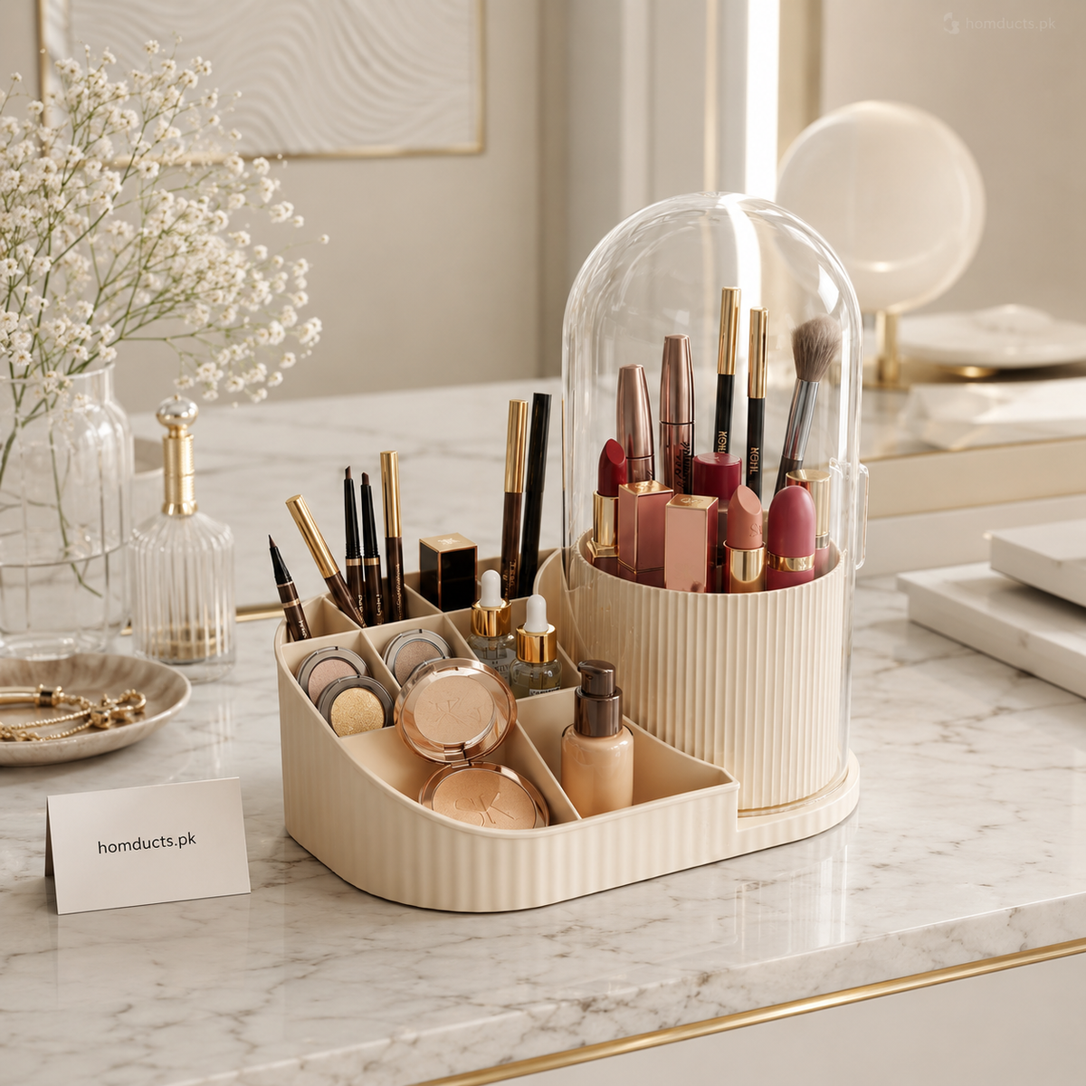 360° Dustproof Makeup Organizer with Transparent Cover | Luxury Cosmetic & Brush Storage Holder