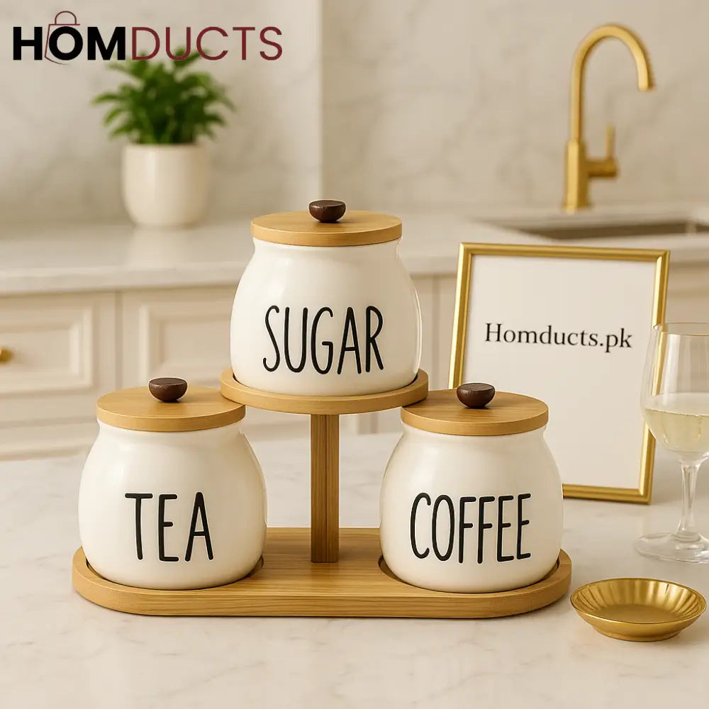 Luxury 3-Piece Ceramic Tea, Coffee & Sugar Jar Set with Bamboo Stand
