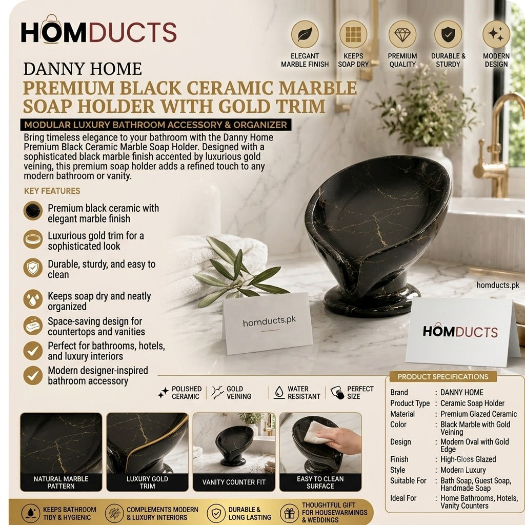 Danny Home Premium Black Ceramic Marble Soap Dish with Gold Trim – Elegant Bathroom Accessory