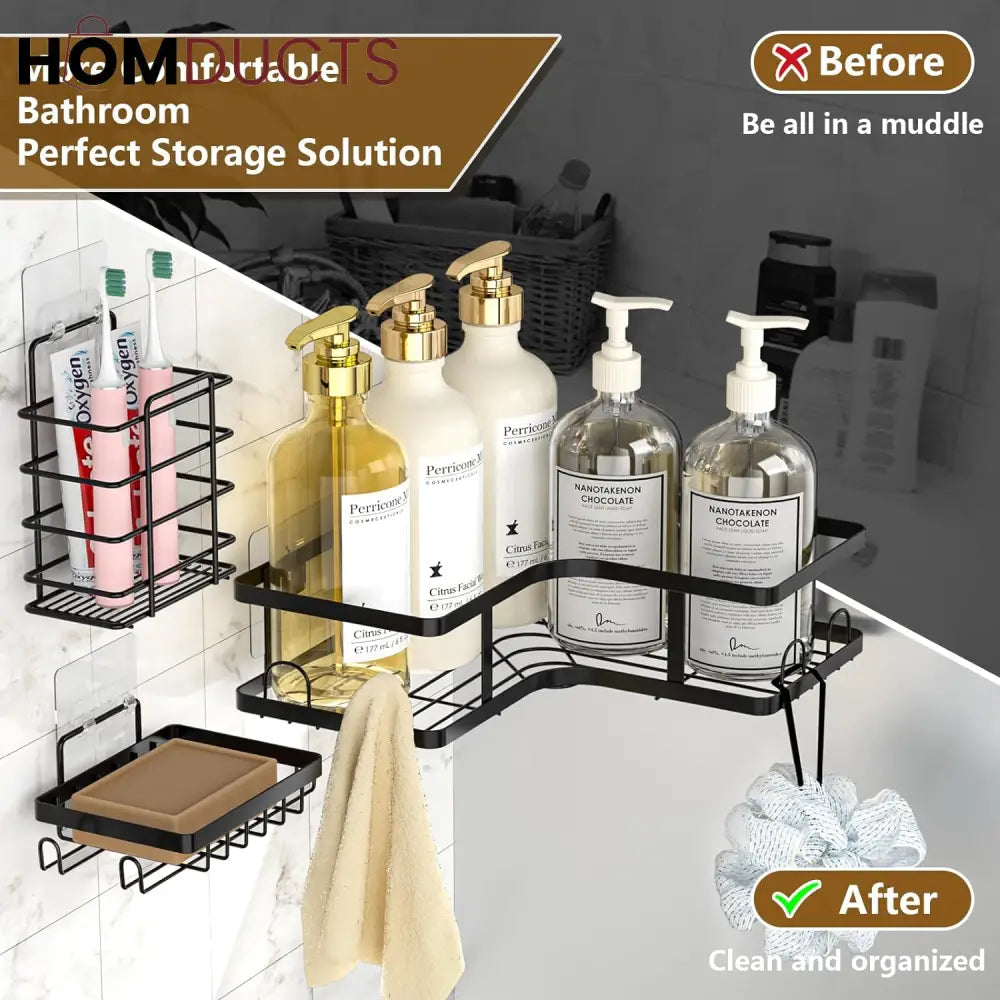 5-Piece Wall-Mounted Black Metal Bathroom Shelf Set – Rustproof Storage Organizer for Toiletries & Essentials