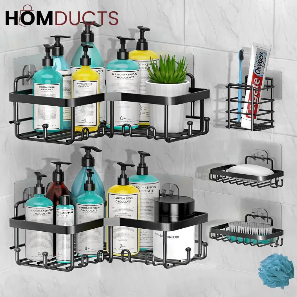 5-Piece Wall-Mounted Black Metal Bathroom Shelf Set – Rustproof Storage Organizer for Toiletries & Essentials