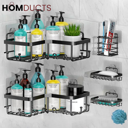 5-Piece Wall-Mounted Black Metal Bathroom Shelf Set – Rustproof Storage Organizer for Toiletries & Essentials