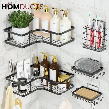 5-Piece Wall-Mounted Black Metal Bathroom Shelf Set – Rustproof Storage Organizer for Toiletries & Essentials