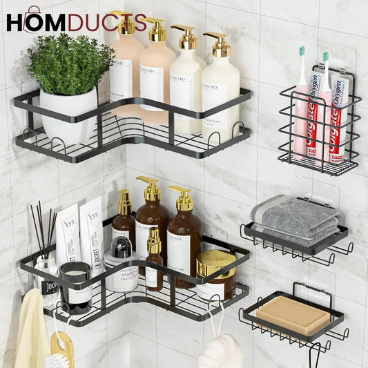 5-Piece Wall-Mounted Black Metal Bathroom Shelf Set – Rustproof Storage Organizer for Toiletries & Essentials