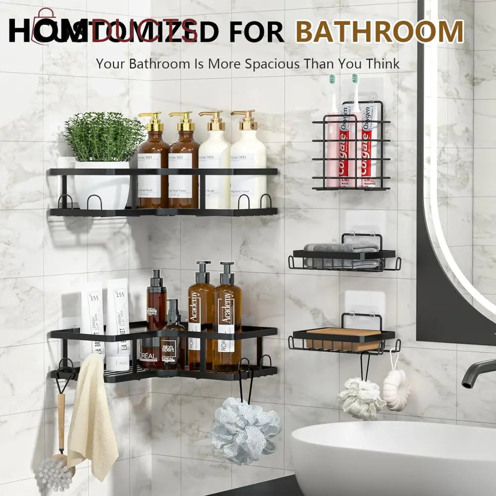 5-Piece Wall-Mounted Black Metal Bathroom Shelf Set – Rustproof Storage Organizer for Toiletries & Essentials
