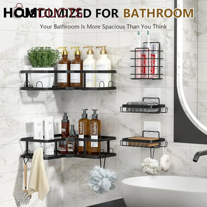 5-Piece Wall-Mounted Black Metal Bathroom Shelf Set – Rustproof Storage Organizer for Toiletries & Essentials
