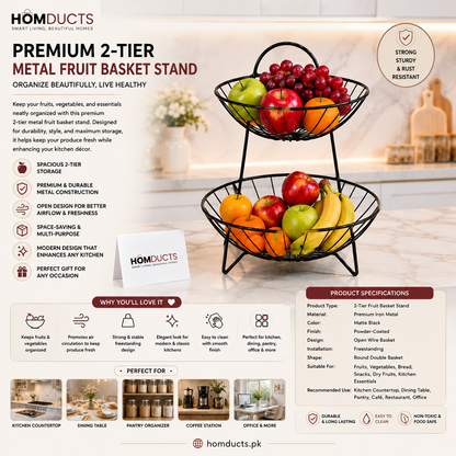 Premium 2-Tier Metal Fruit Basket Stand – Black Wire Fruit & Vegetable Storage Organizer for Kitchen Countertop