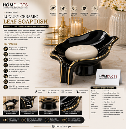 Danny Home Luxury Ceramic Leaf Soap Dish with Gold Trim – Premium Bathroom Soap Holder (Black)