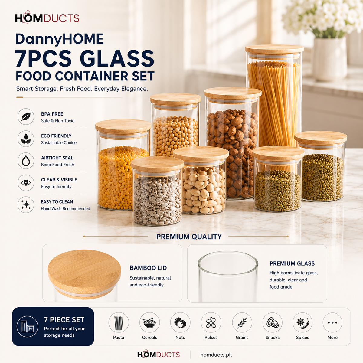 Danny home 7-Piece Glass Food Storage Container Set with Bamboo Lids | Airtight Kitchen Storage Jars for Pantry Organization