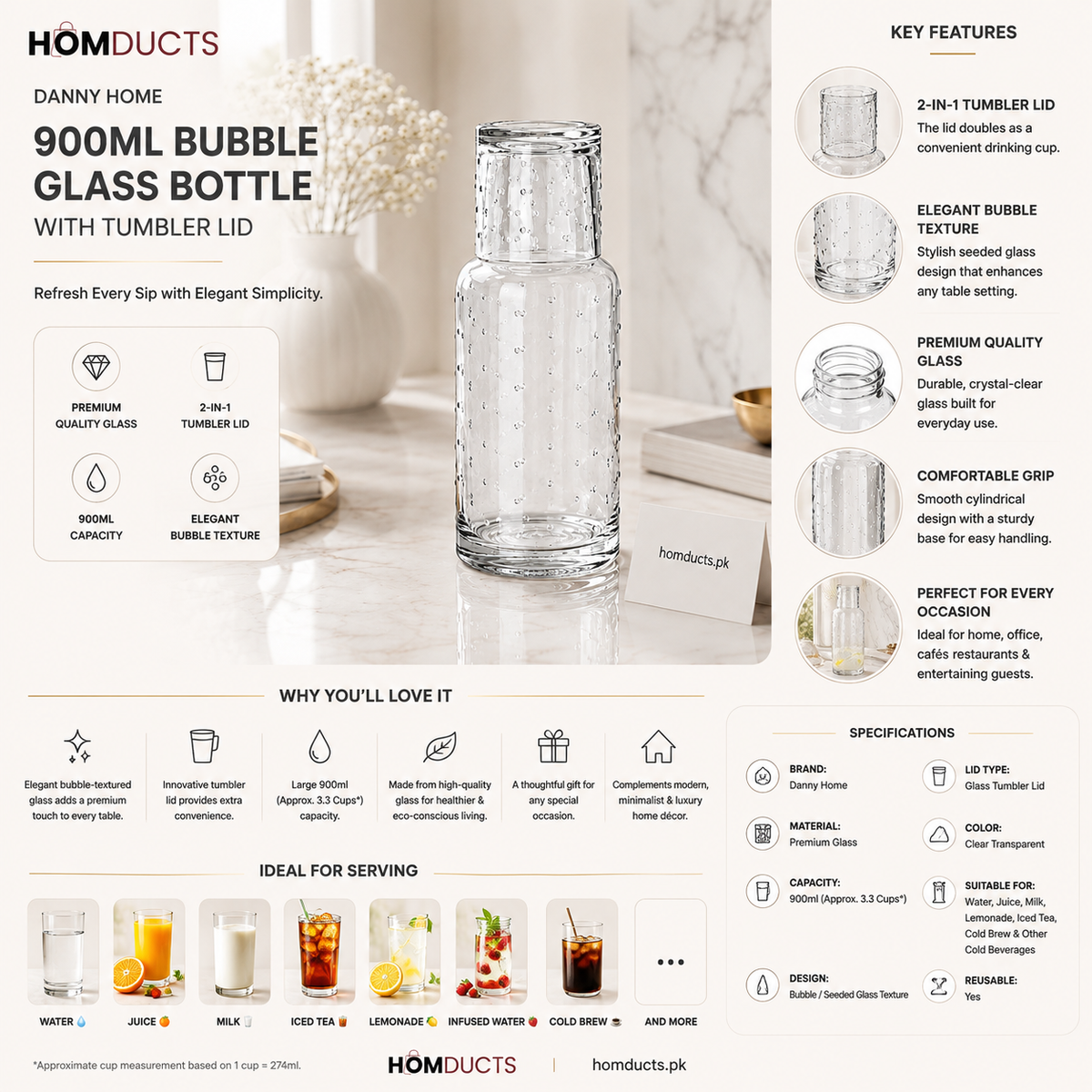 Danny Home 900ml Bubble Glass Bottle with Tumbler Lid – Premium Seeded Glass Water & Beverage Bottle