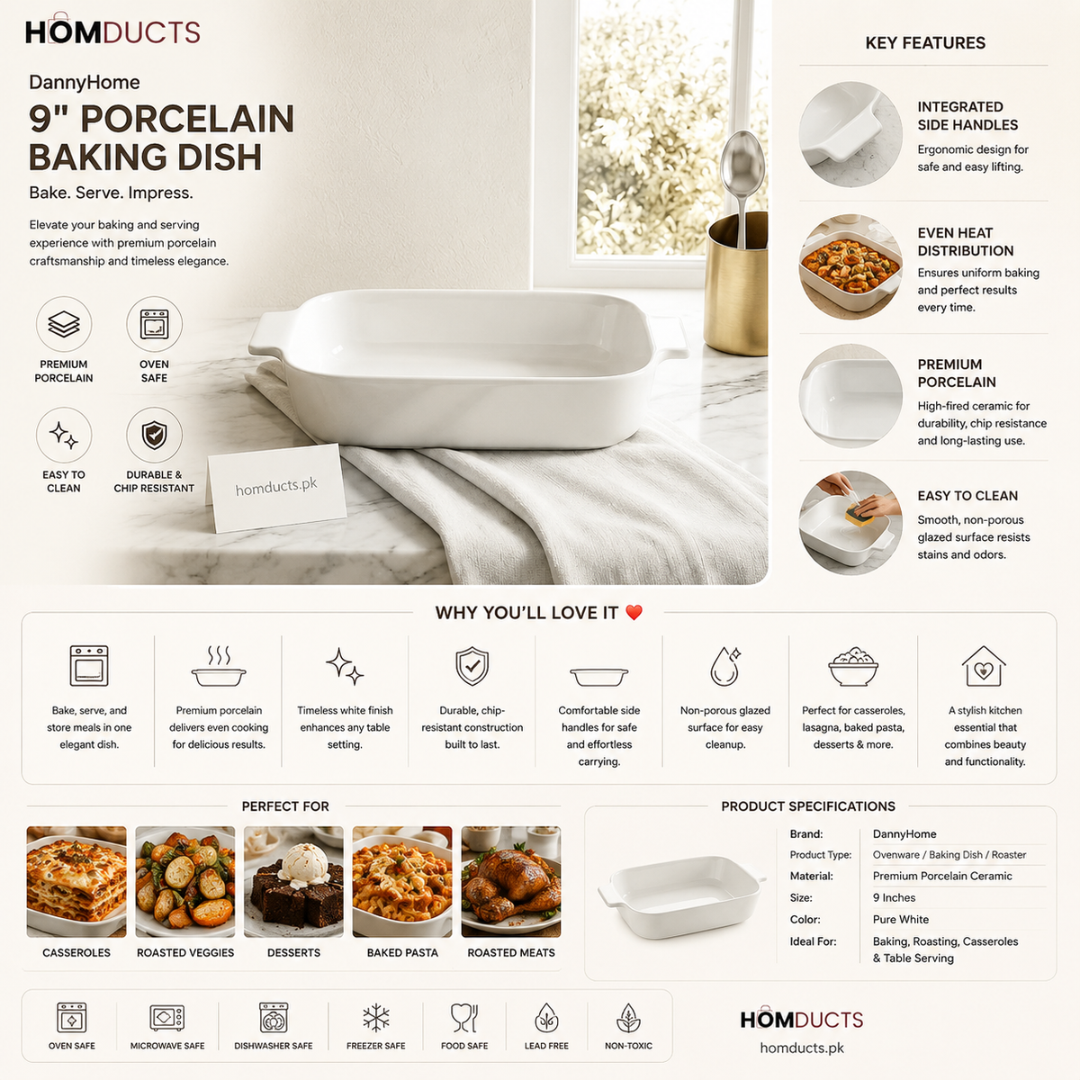 Danny home Porcelain Square Baking Dish – Premium Ceramic Ovenware Casserole & Roasting Pan for Baking & Serving