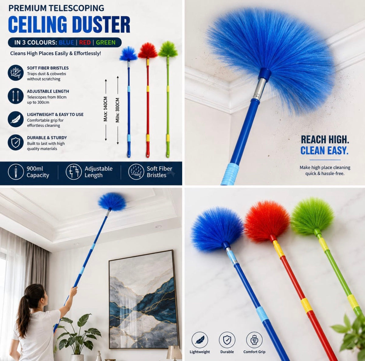 Premium Extendable Microfiber Ceiling Duster with Telescopic Handle | Long Reach Cobweb & Fan Cleaning Brush