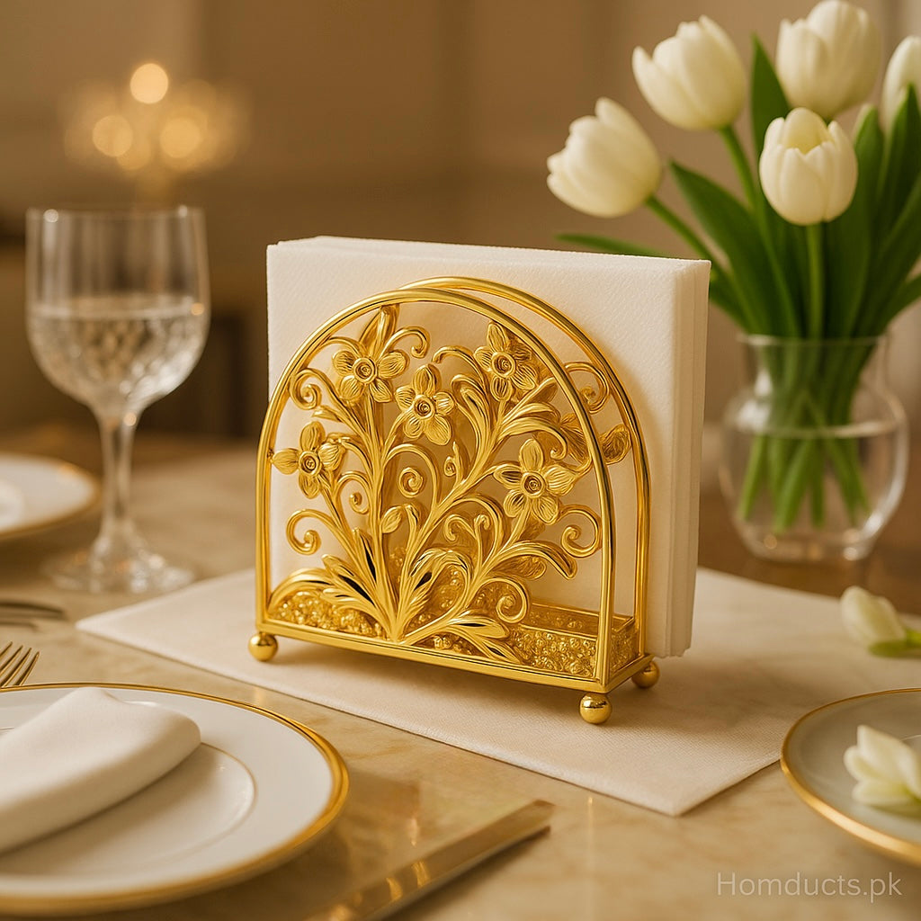 Luxury Golden Floral Napkin Holder – Elegant Table Organizer for Dining & Decor