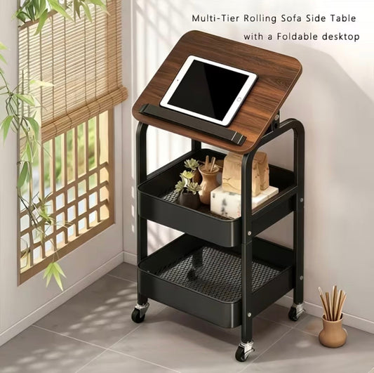 Luxury Rolling Sofa Side Table with Flip-Top Laptop Desk & 2-Tier Storage Cart on Wheels