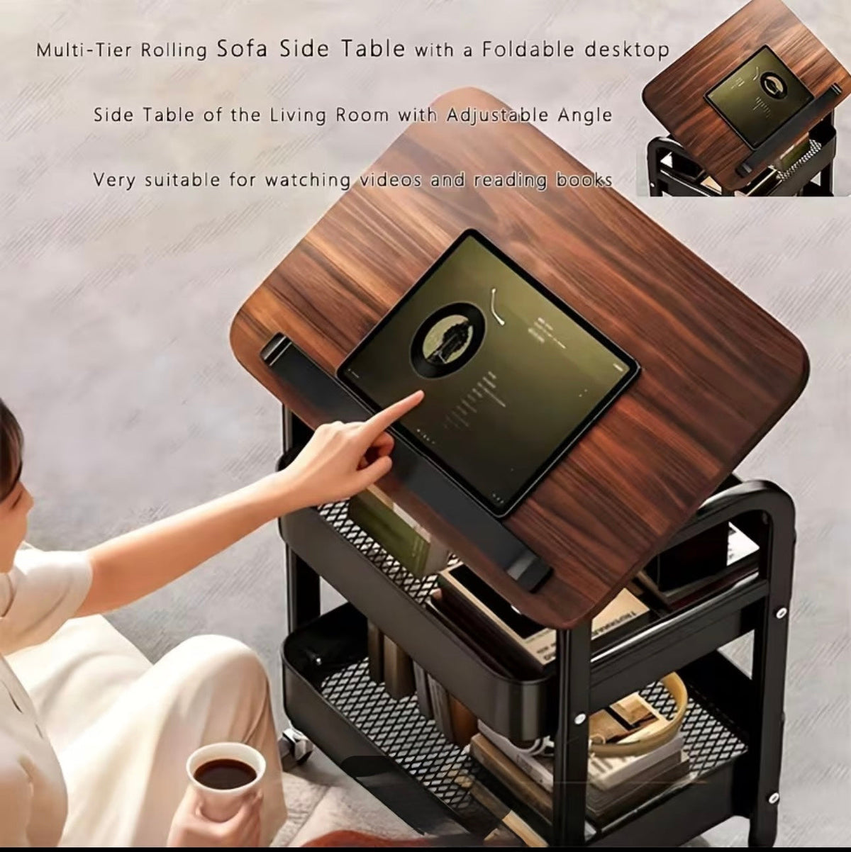 Luxury Rolling Sofa Side Table with Flip-Top Laptop Desk & 2-Tier Storage Cart on Wheels