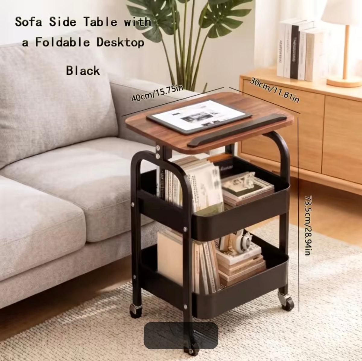 Luxury Rolling Sofa Side Table with Flip-Top Laptop Desk & 2-Tier Storage Cart on Wheels