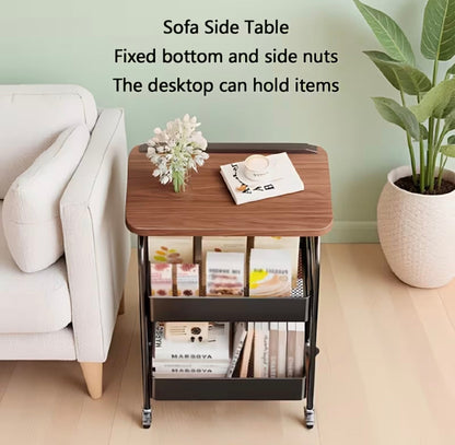 Luxury Rolling Sofa Side Table with Flip-Top Laptop Desk & 2-Tier Storage Cart on Wheels