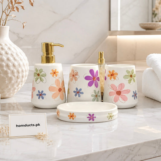 Brilliant Floral Ceramic Bathroom Accessories Set – 4 Piece Luxury Bathroom Countertop Organizer