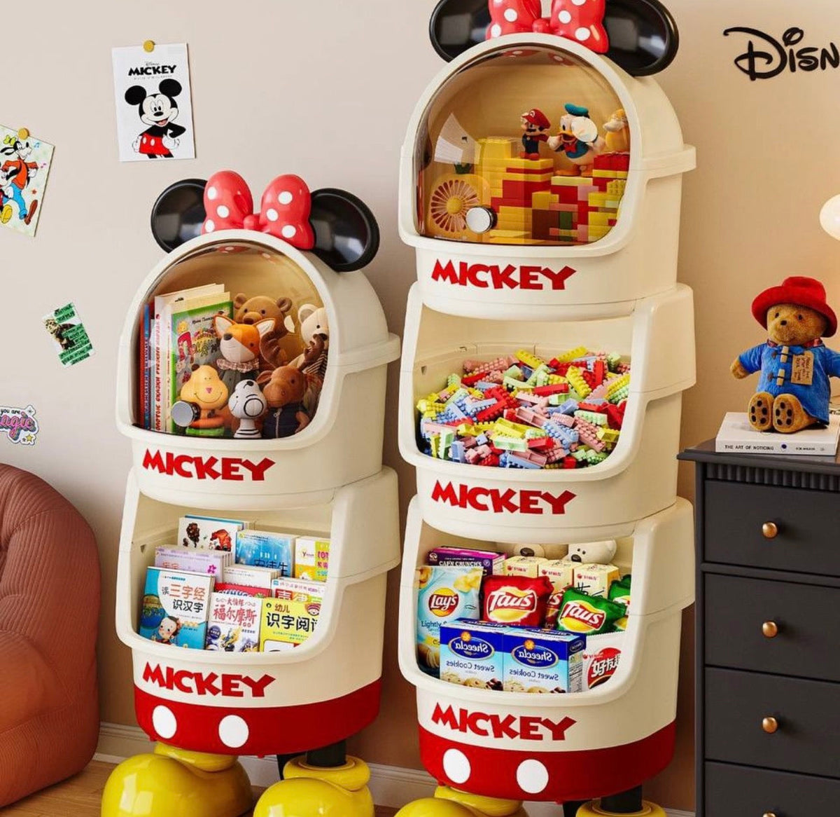 Original Disney Mickey 3-Tier Storage Organizer Cabinet | Multipurpose Standing Storage Shelf with Display Compartment for Kids Room & Home