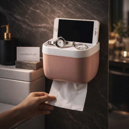 Luxury 3-in-1 Wall Mounted Tissue Box with Phone Holder & Storage Tray – Punch-Free Bathroom Organizer