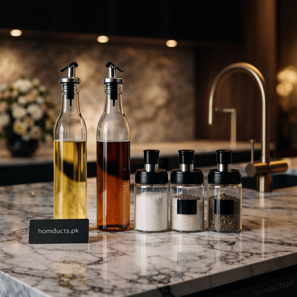 Premium Glass Oil & Seasoning Dispenser Set – 5 Pcs | Oil Bottle + Salt & Spice Jars | Kitchen Countertop Storage Set
