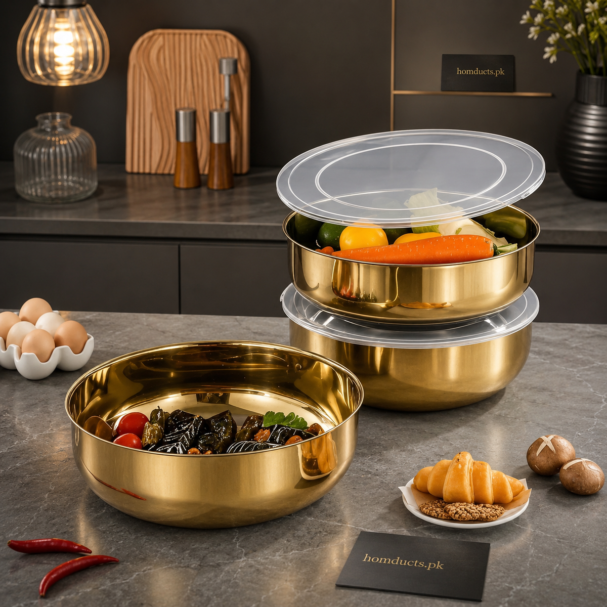 Premium Gold Stainless Steel Food Storage Bowl with Transparent Airtight Lid – Multipurpose Kitchen Serving Container