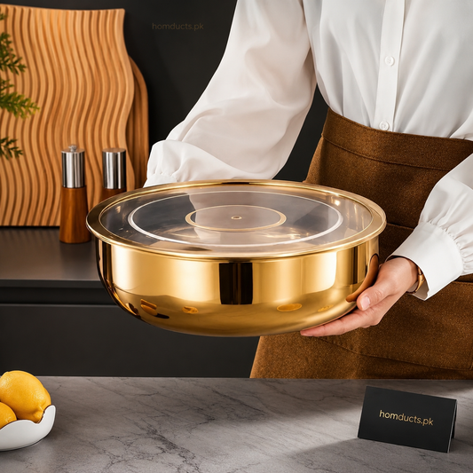 Premium Gold Stainless Steel Food Storage Bowl with Transparent Airtight Lid – Multipurpose Kitchen Serving Container