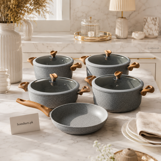9-Piece Granite Non-Stick Cookware Set with Glass Lids & Wooden Handles | Premium Kitchen Cooking Pot Set